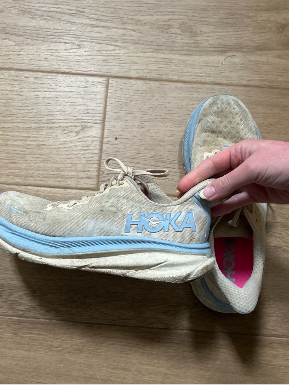 Hoka Women's Running Shoes — Beige with Light Blue Trim